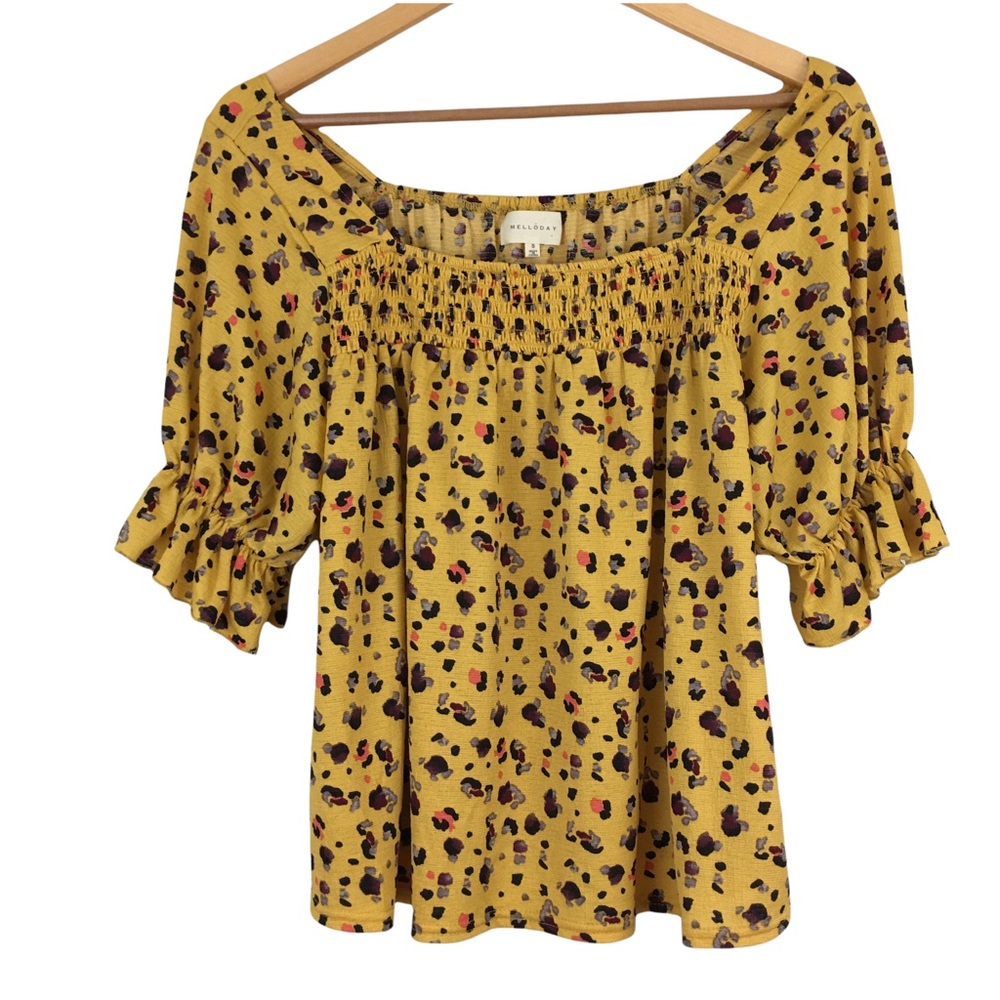 Melloday Mustard Ruffle Sleeve Scoop Neck Animal Print Sleeve Bohemian Blouse M
